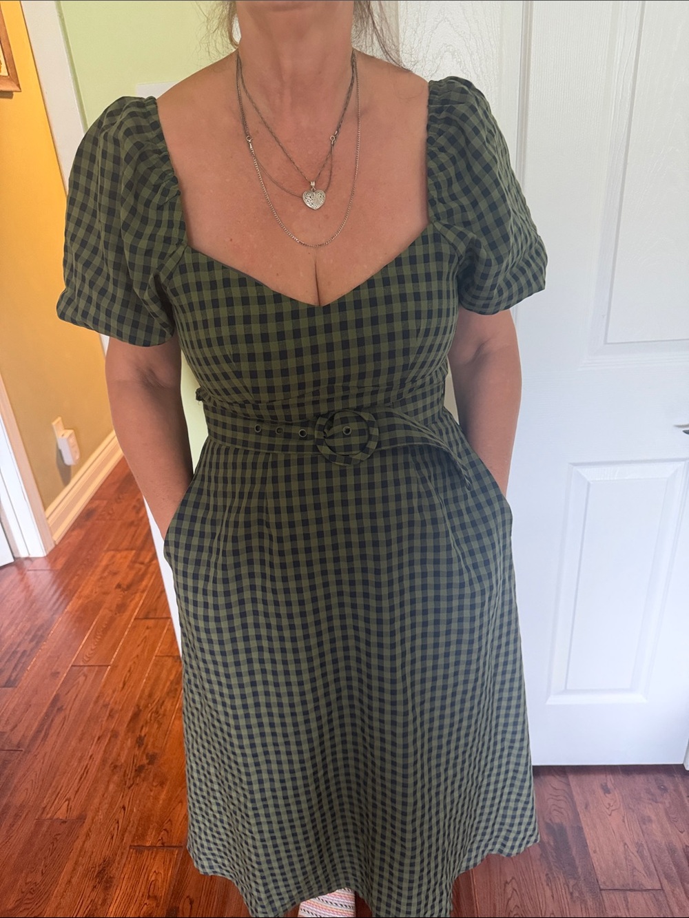 MINKPINK Olive Green Gingham Puff-Sleeve Midi Dress with Belt